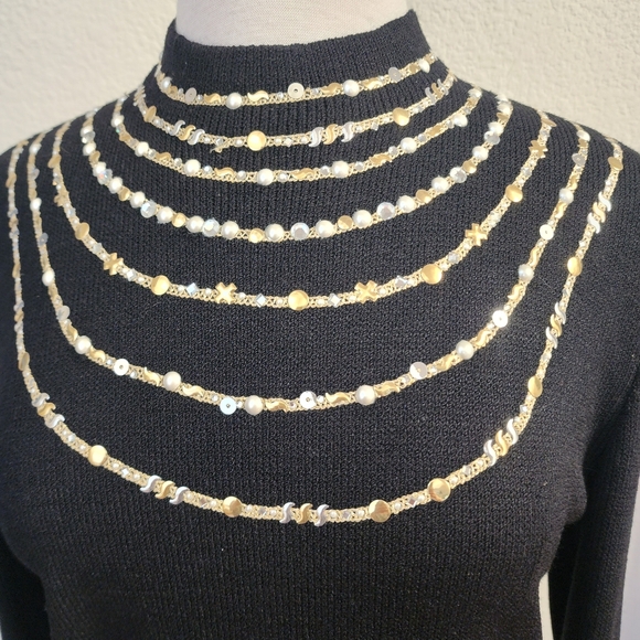 St John Knit Evening Dress black with gold pearl crystal piallettes size 10 - Picture 2 of 6